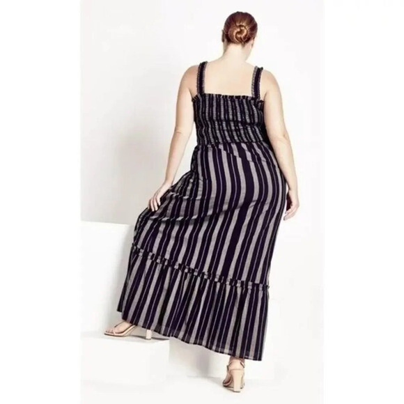 Refinity Green & Black Maxi Stripe Safari Smocked Maxi Dress L - Picture 2 of 6